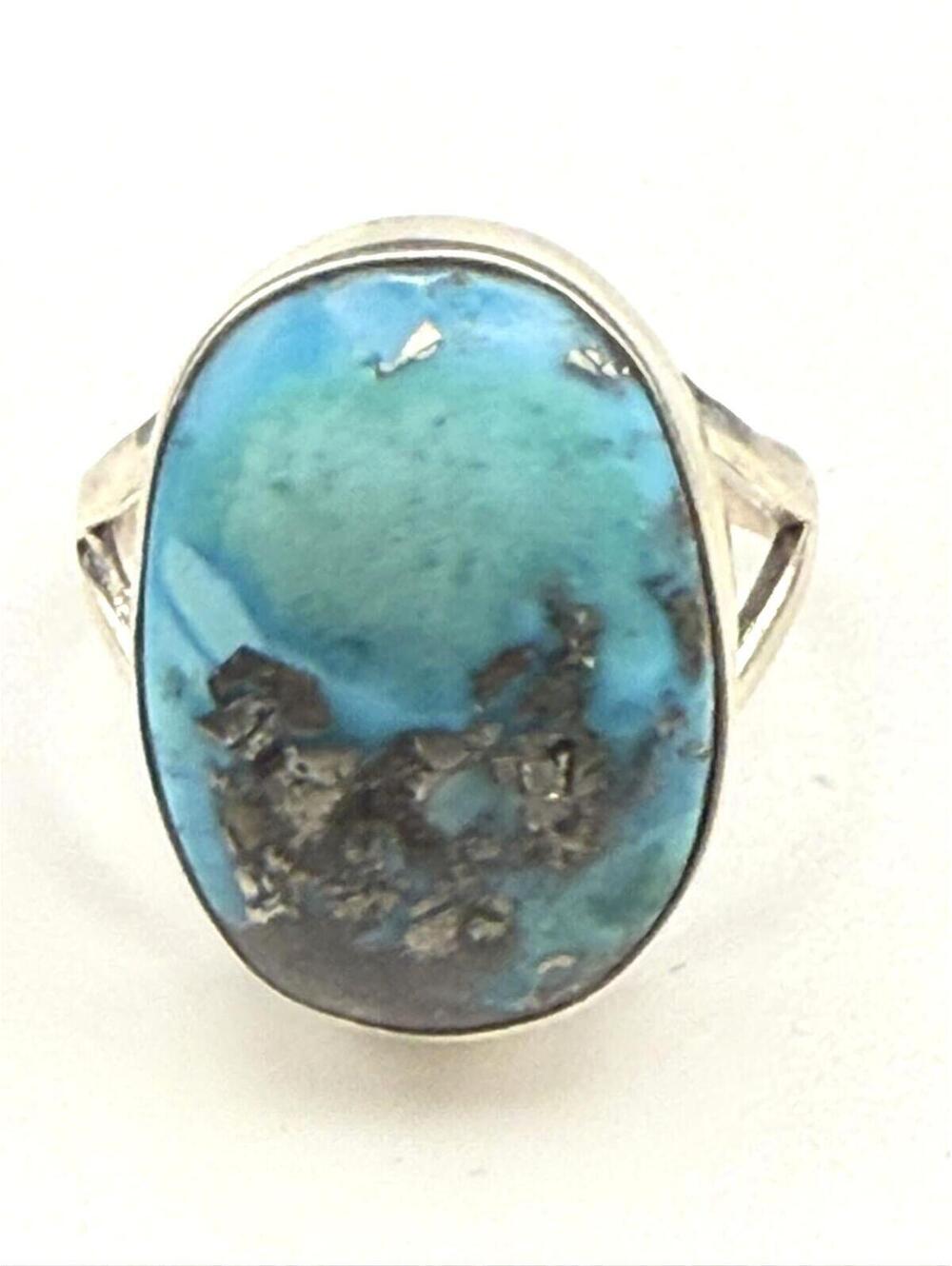 Sterling Silver Turquoise & Pyrite Oval Ring – Adjustable Double Shank